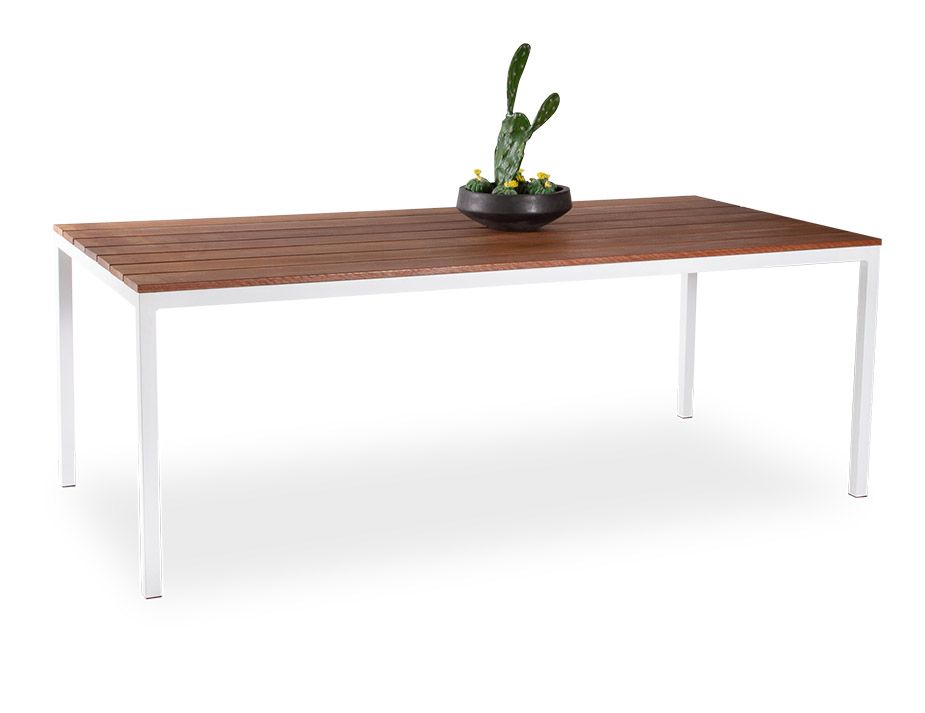 A contemporary-style dining table with a rich wooden slatted tabletop and minimalist white metal legs. Positioned on the table is a dark bowl holding a green cactus plant, adding a touch of nature to the design.