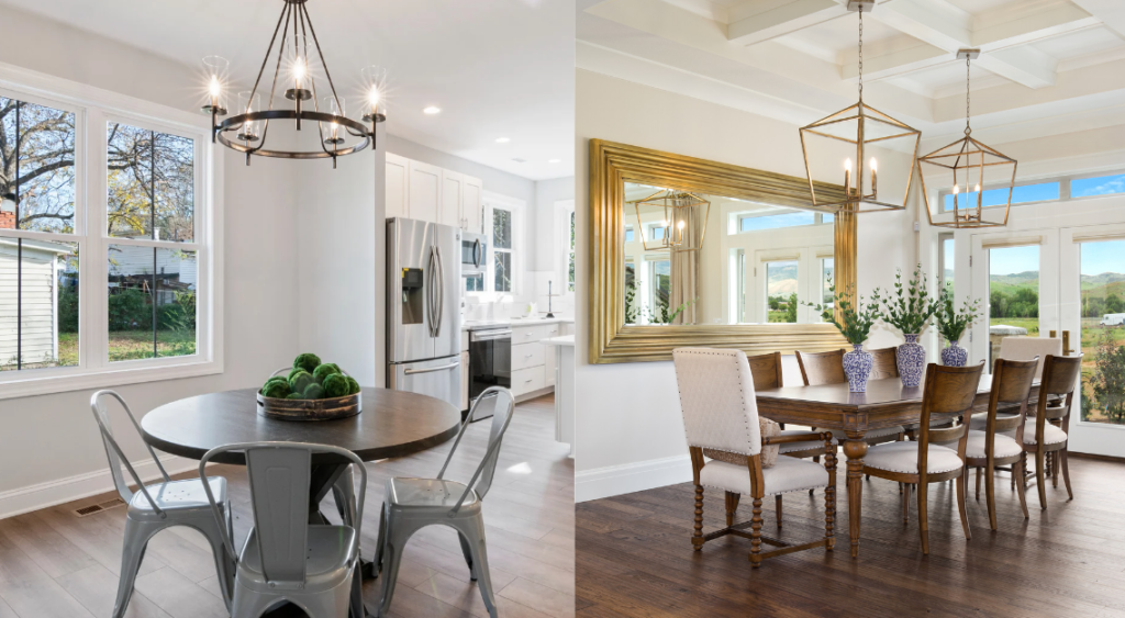 Side by side view of a Modern dining room and elegant dining room with a round wooden table and chairs.