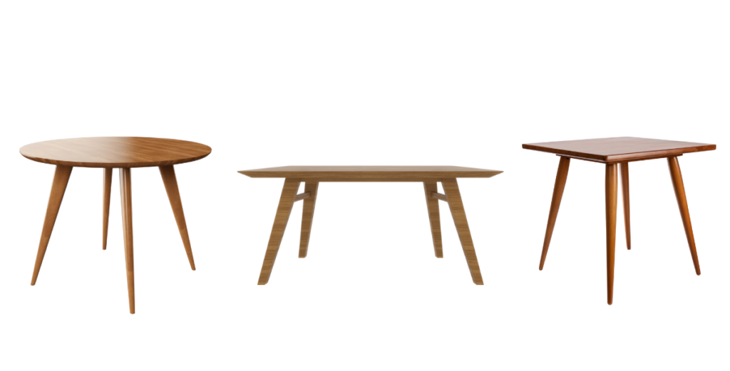 Three wooden side tables with varying designs and legs.
