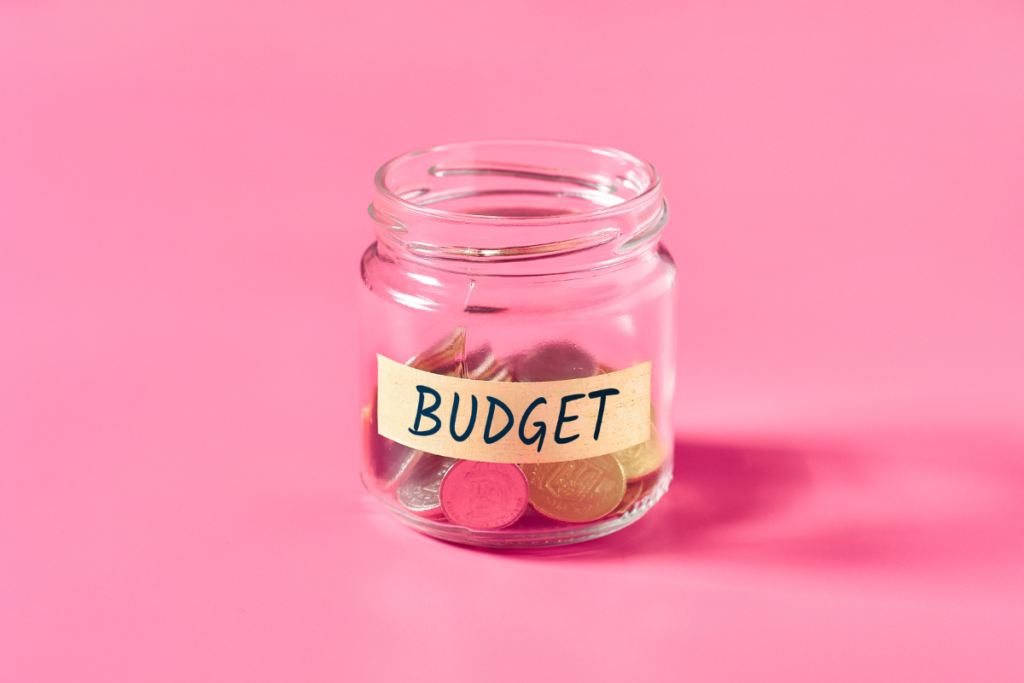 This image showcases a clear jar filled with coins and labelled "BUDGET" on a pink background.

