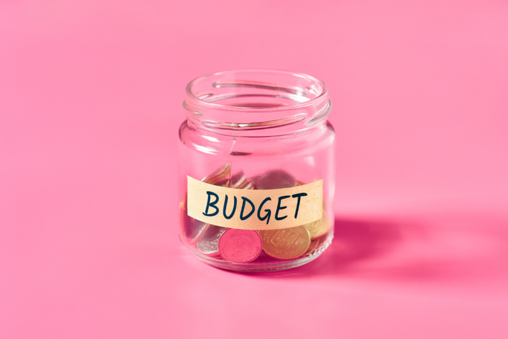 untitled design This image showcases a clear jar filled with coins and labelled "BUDGET" on a pink background.