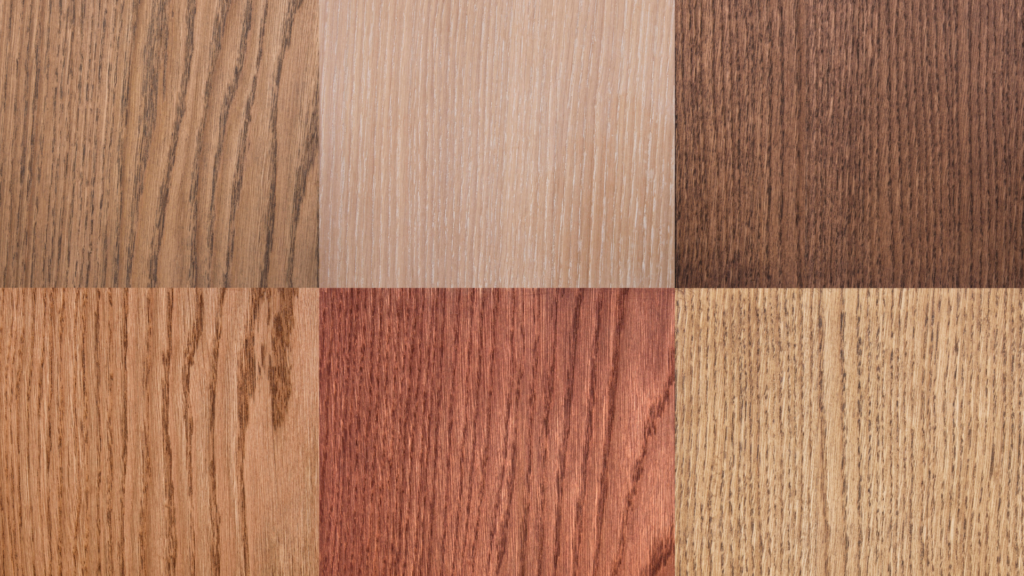 Colours and finishes of different wood types used in furniture.