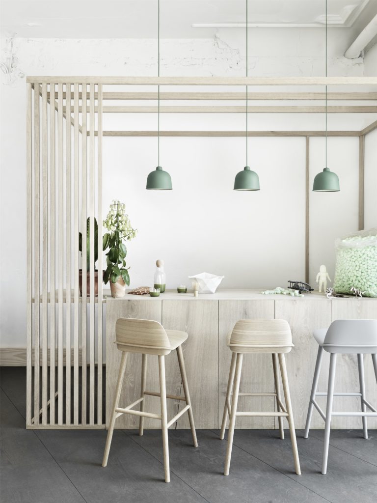 nerd bar stool wooden muuto x Natural wooden nerd bar stools in a modern kitchen setting