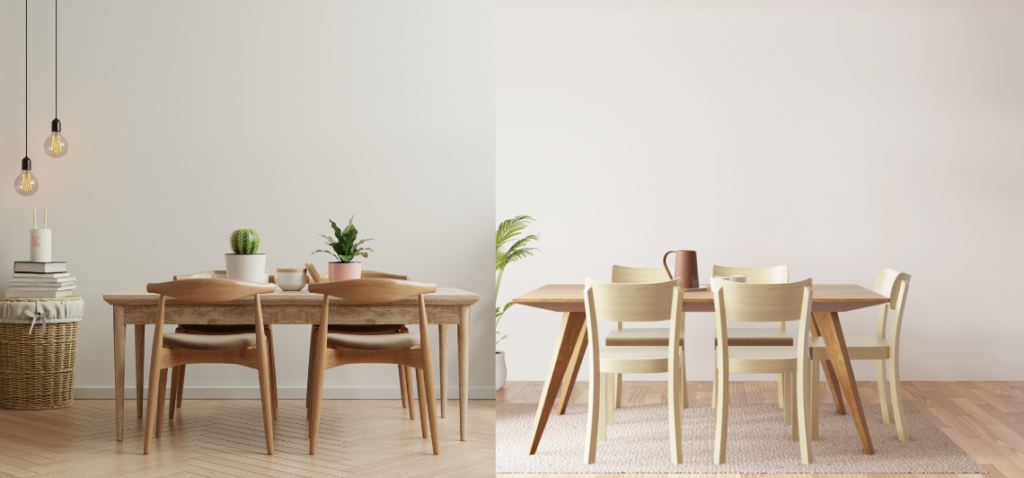 Two rectangular wooden dining table setups against a white background. Both tables have four wooden chairs each. The left setup features hanging light bulbs from the ceiling, a few plants, books, and other decorative items. The right setup is simpler, with just a pitcher and a mug on the table.