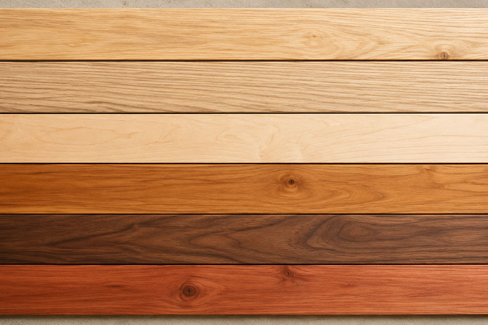 a close-up of wooden board samples showing the grain of the wood and colour variations