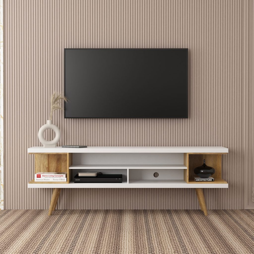 A modern living room interior with a white TV console.