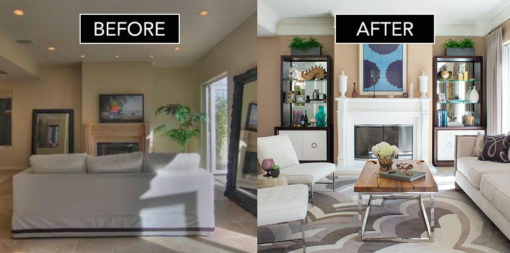 A comparison of a living room before and after renovation.