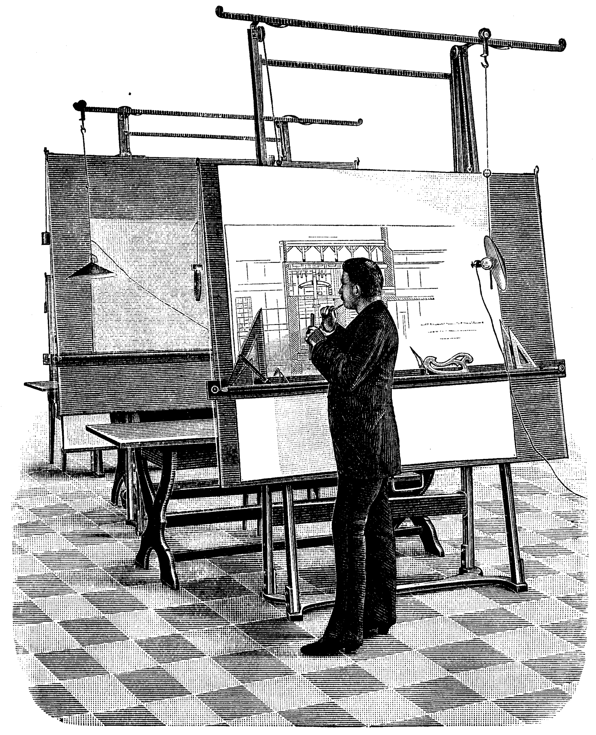 Vintage illustration of man using large drawing machine.