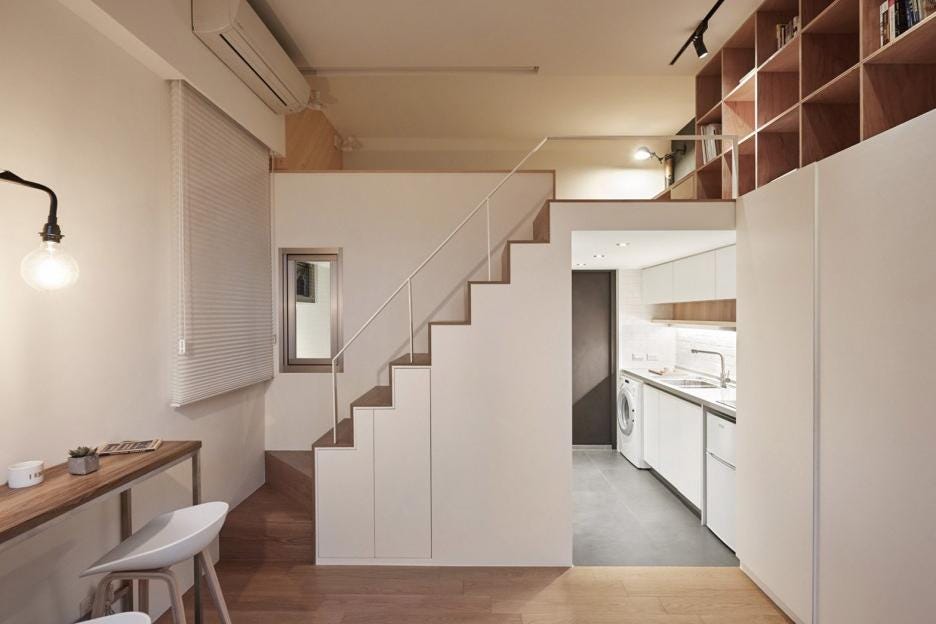 Interior of a modern micro living apartment.