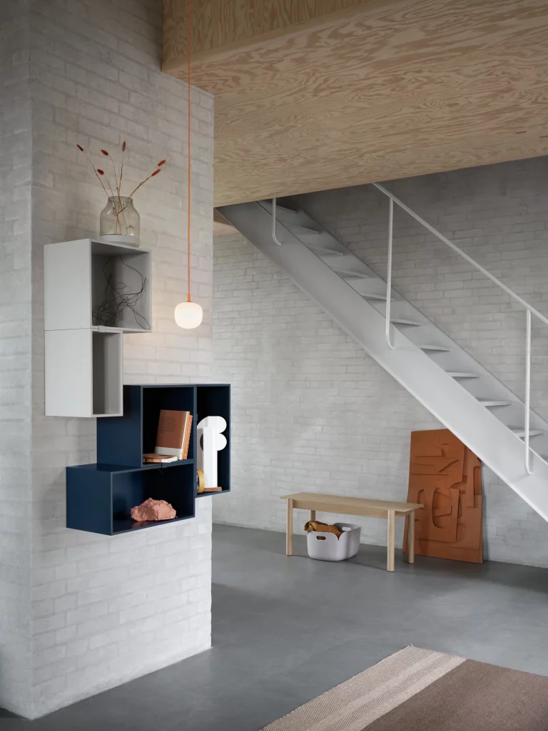 Contemporary interior space featuring a wall-mounted storage unit.