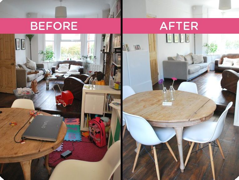 Before and After transformation of a living space.