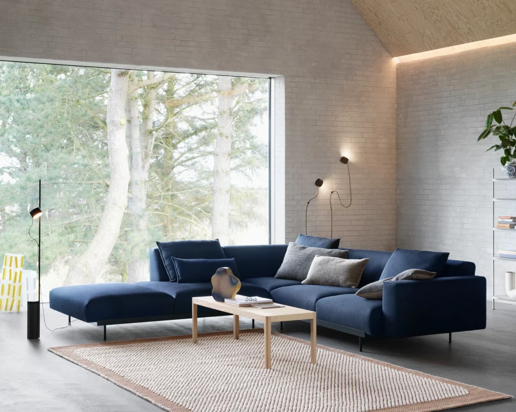 Lounge featuring Scandinavian sofa and table.