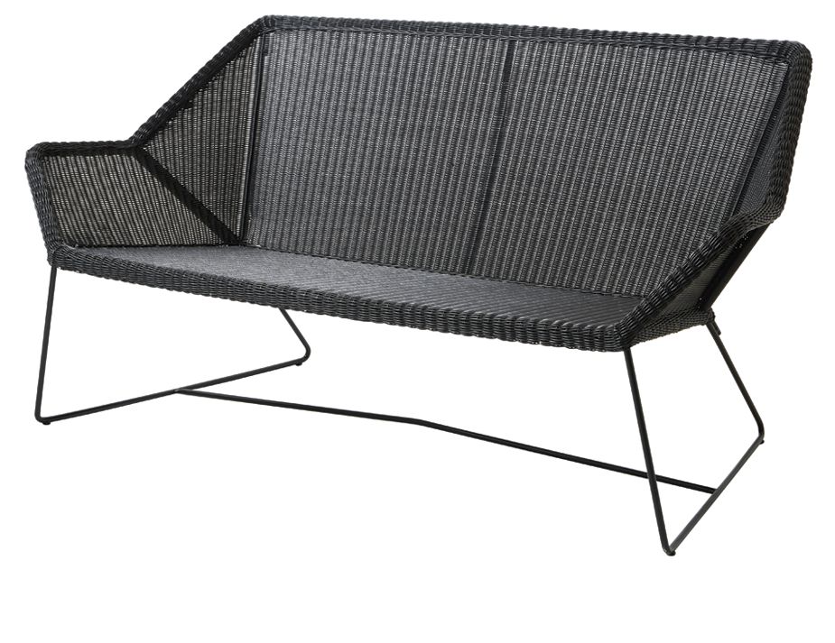A black woven bench with metal support.
