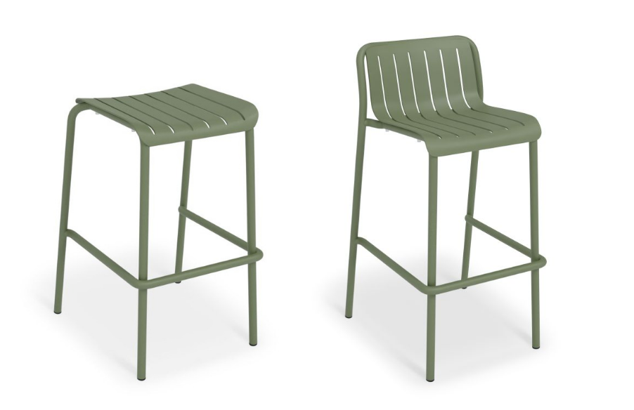 Green metal barstool with and without back.
