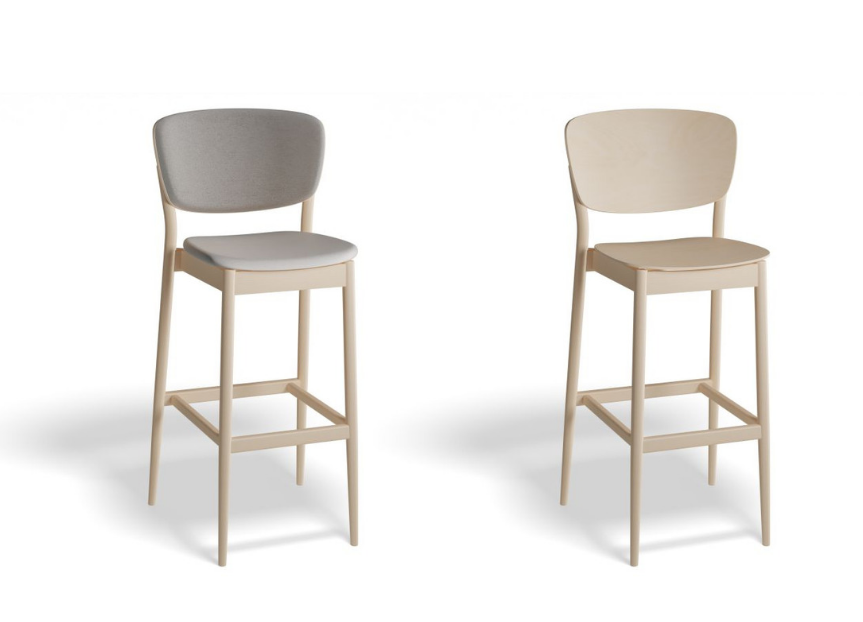 Wooden barstool with and without upholstery.