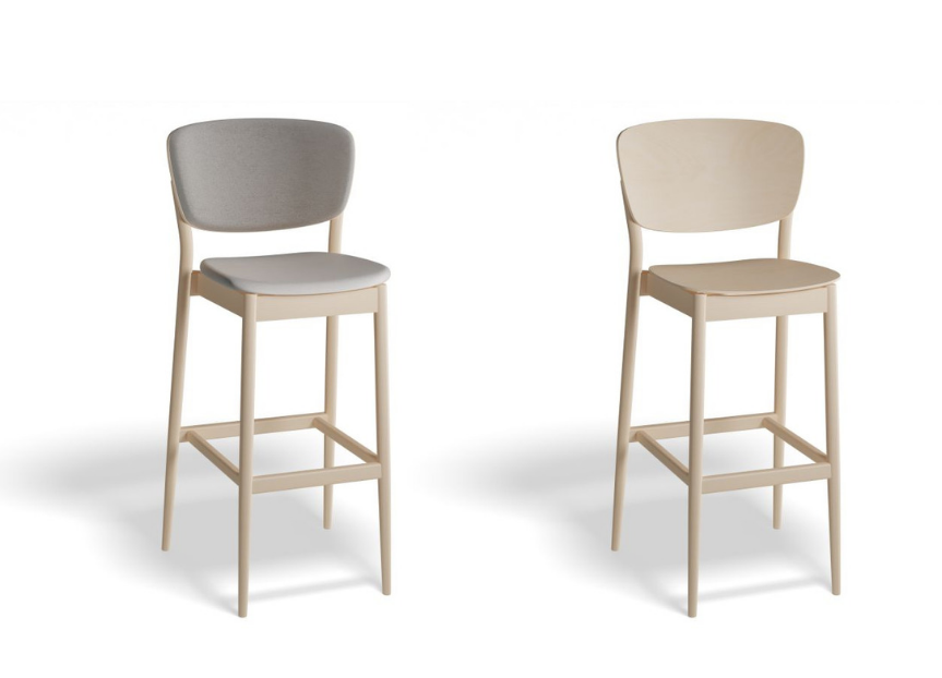 capture Wooden barstool with and without upholstery.