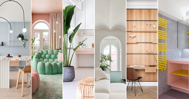 feat id A collage of various modern interior designs.