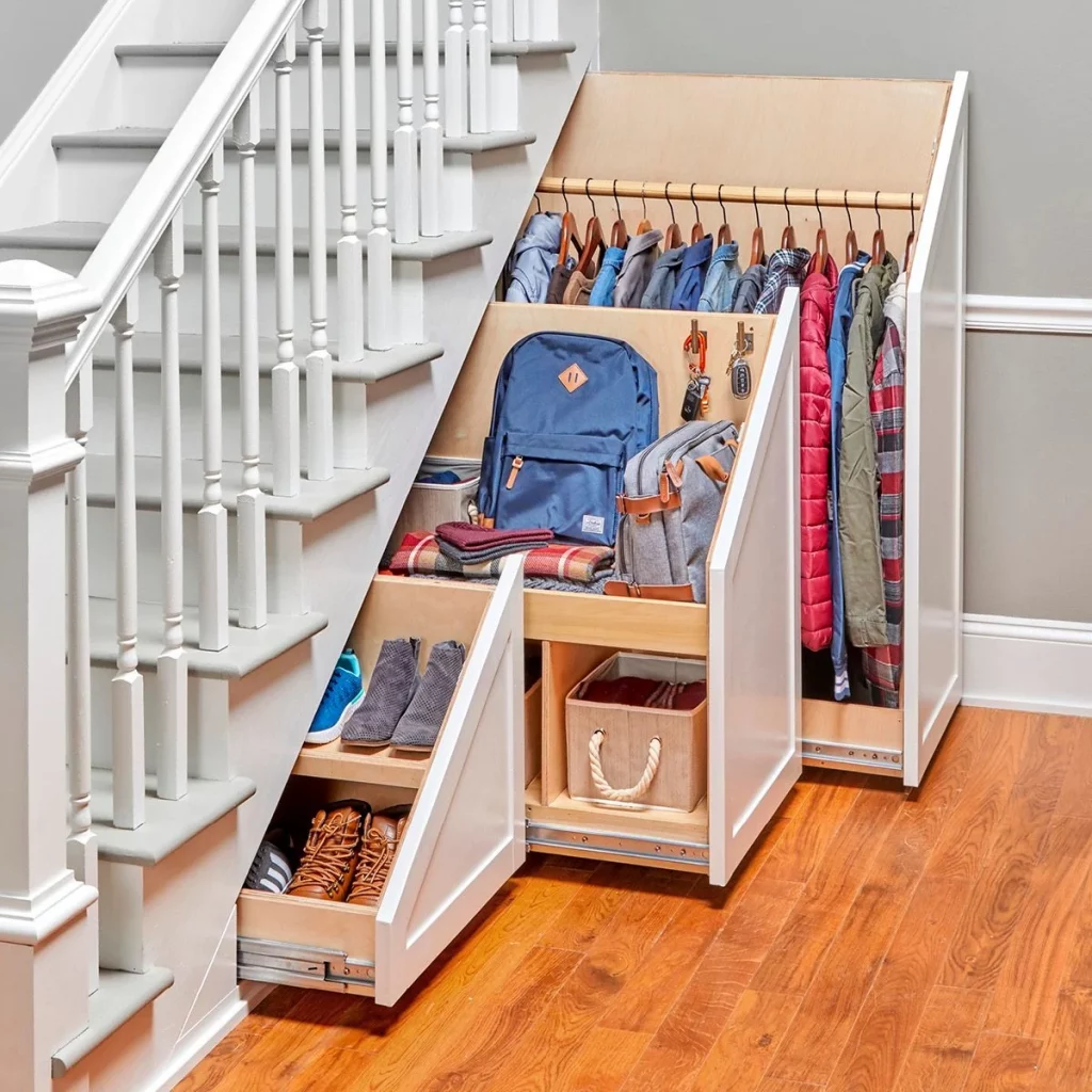 Under-the-stairs pull-out storage cabinets.