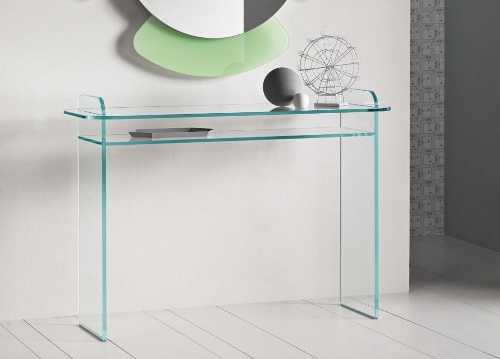 Modern hallway table made entirely of clear glass.
