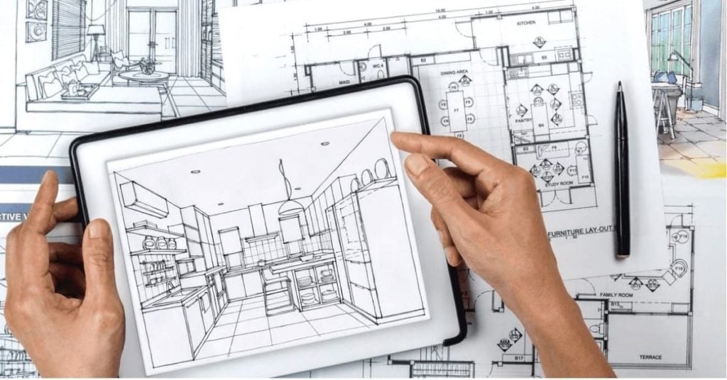 Digital tablet displaying a sketch of an interior design.