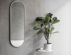 A vertically oriented oval mirror.