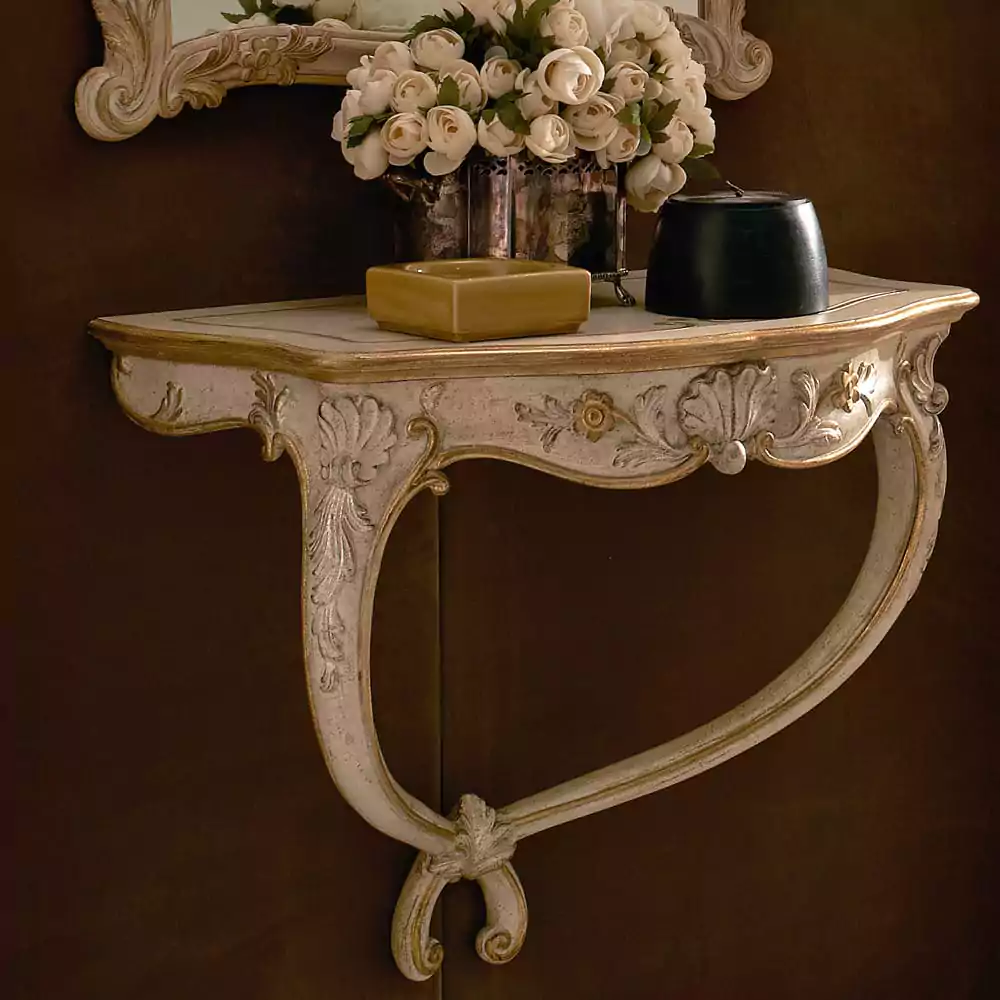 Vintage wooden console table mounted against a wall. 