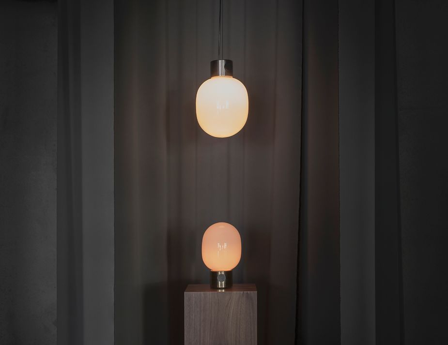 ps doc for web pics Modern pendant & table lamp with warm glow against drapes.