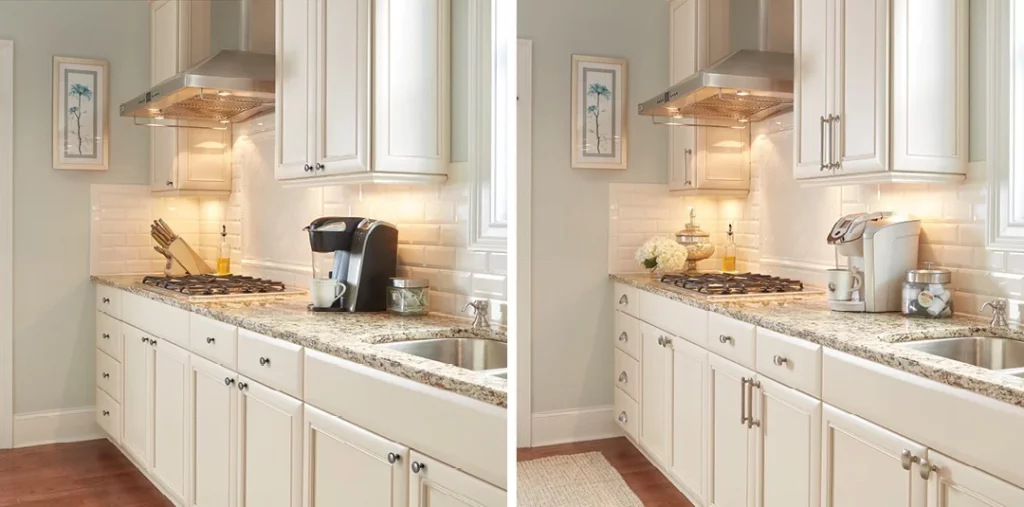 Two side-by-side images showcasing interior design tips.