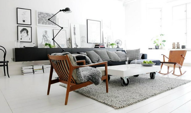 Industrial style living room with Scandinavian furniture.
