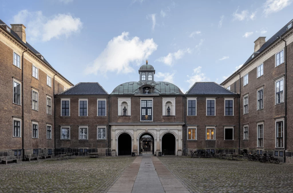 A picturesque view of classical European architecture.