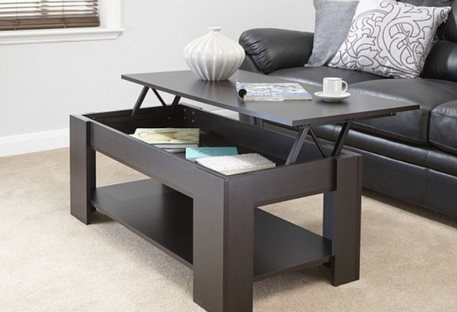 Black coffee table that opens up to reveal hidden storage underneath.