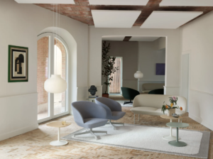 Upholstered Scandinavian 2-seater sofa and chairs.