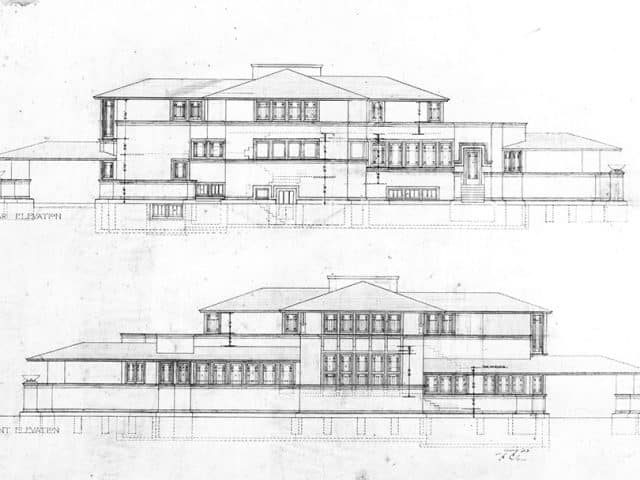 Architectural sketches of a two-story Prairie-style residence.