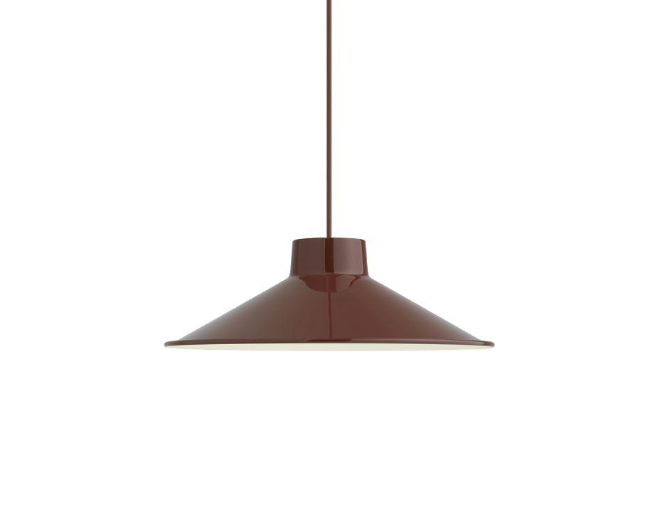 A brown pendant light with a conical design.
