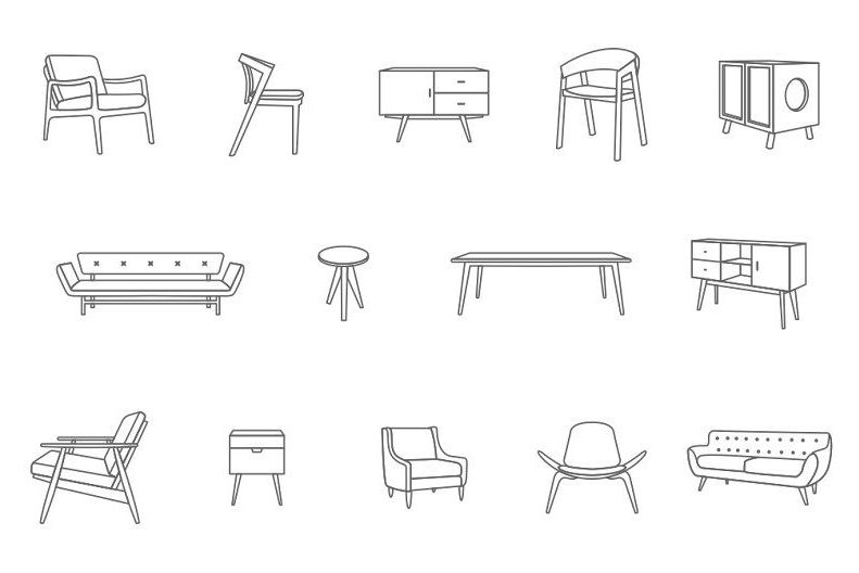  Line-drawn illustrations showcasing various Danish furniture designs.