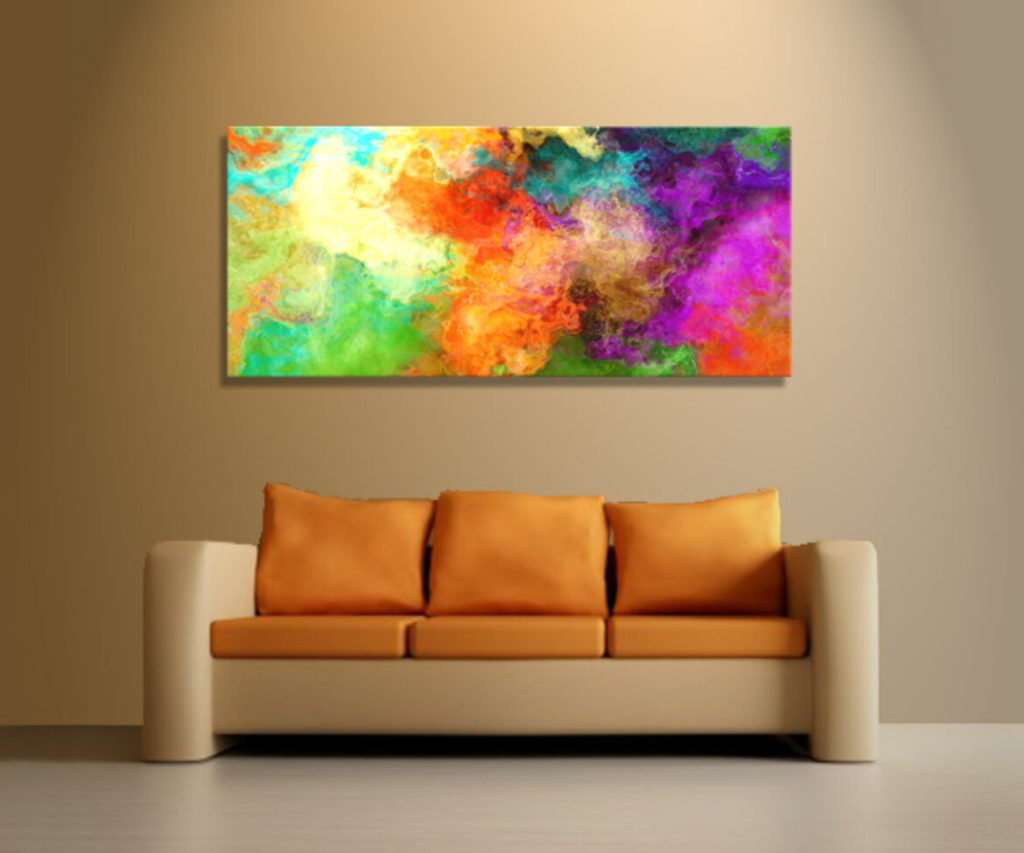 Modern sofa with colourful abstract art.

