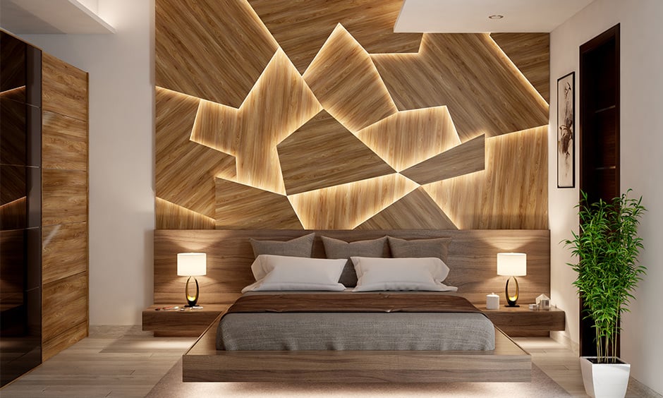 A modern bedroom with soft backlighting.