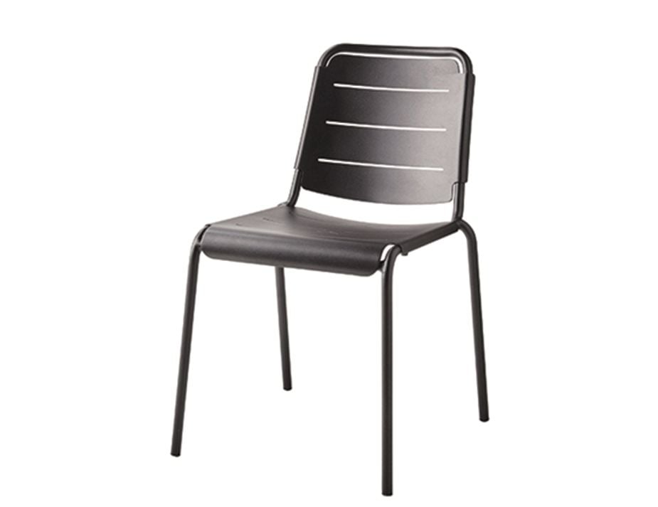 Black metal chair with horizontal backrest slats.