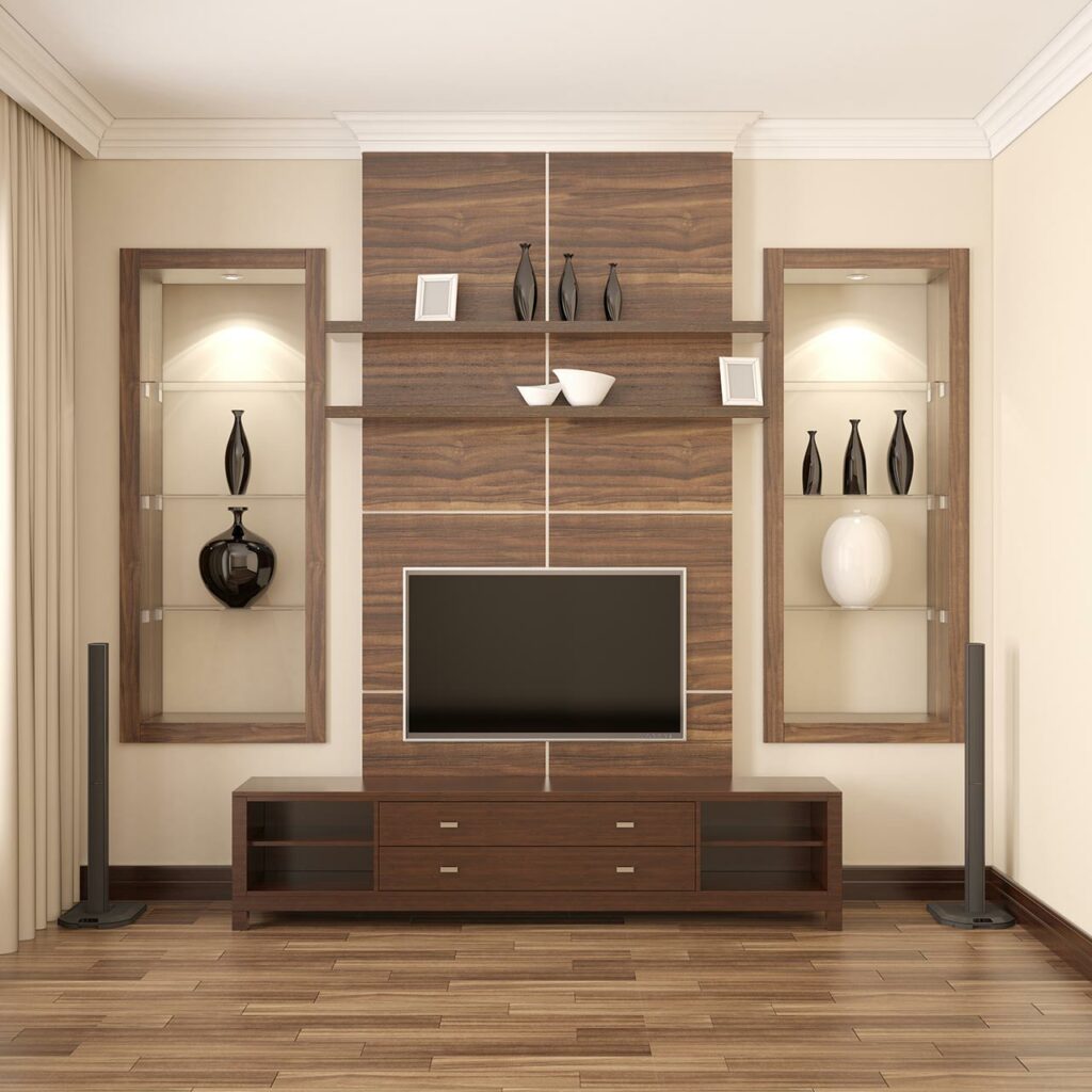 TV cabinet with rich wooden backdrop.