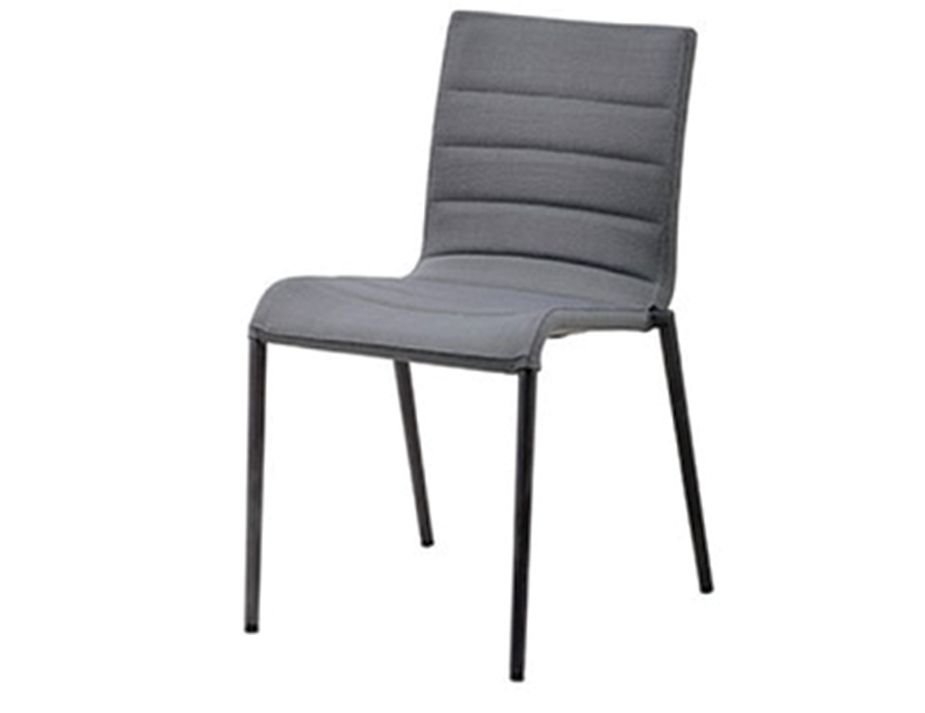 A grey upholstered dining chair with metal legs.