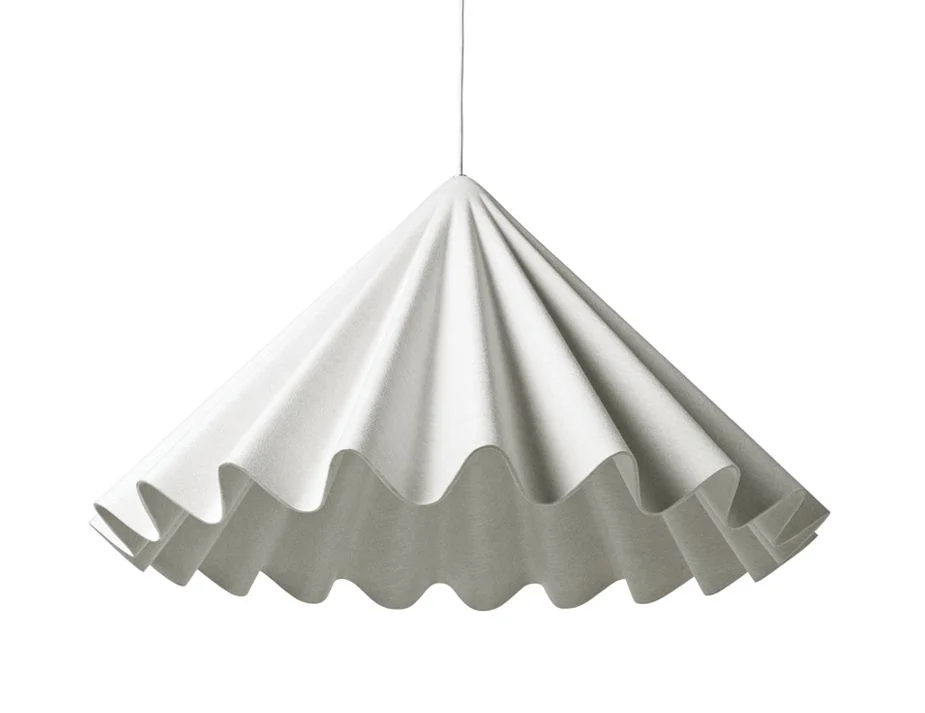 A hanging pendant light with a conical white shade.