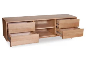 A close-up view of a light wooden TV cabinet.