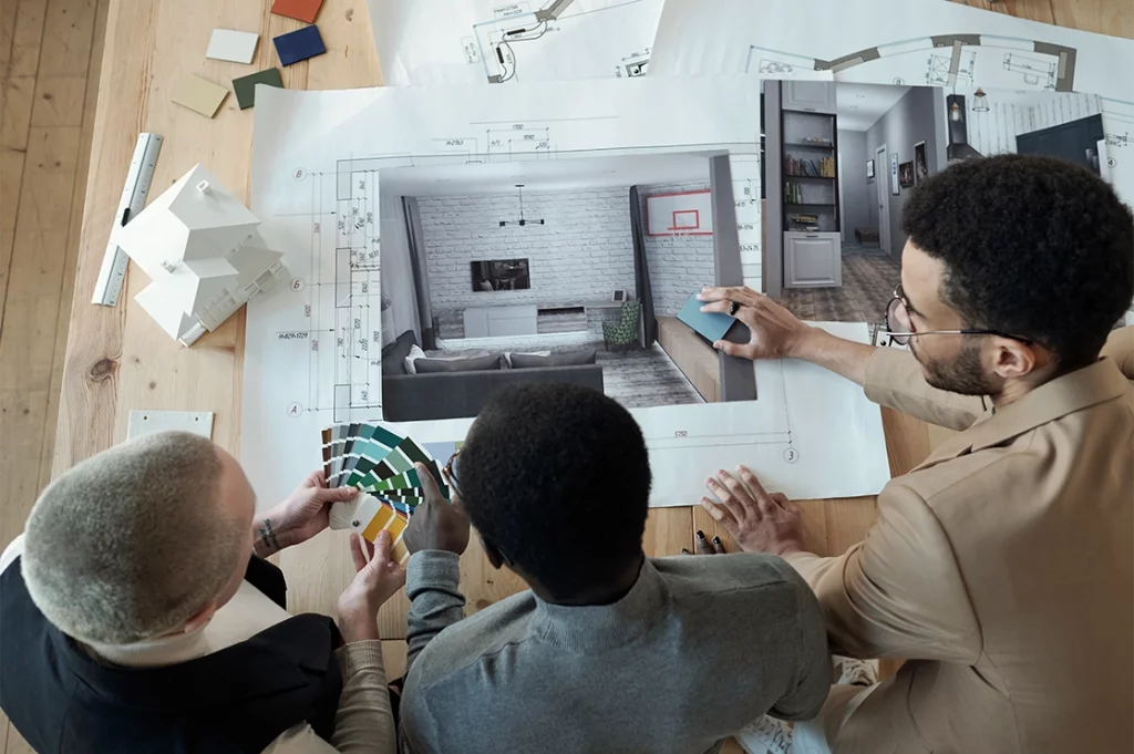 detailing crucial 2 customers working with an interior designer.