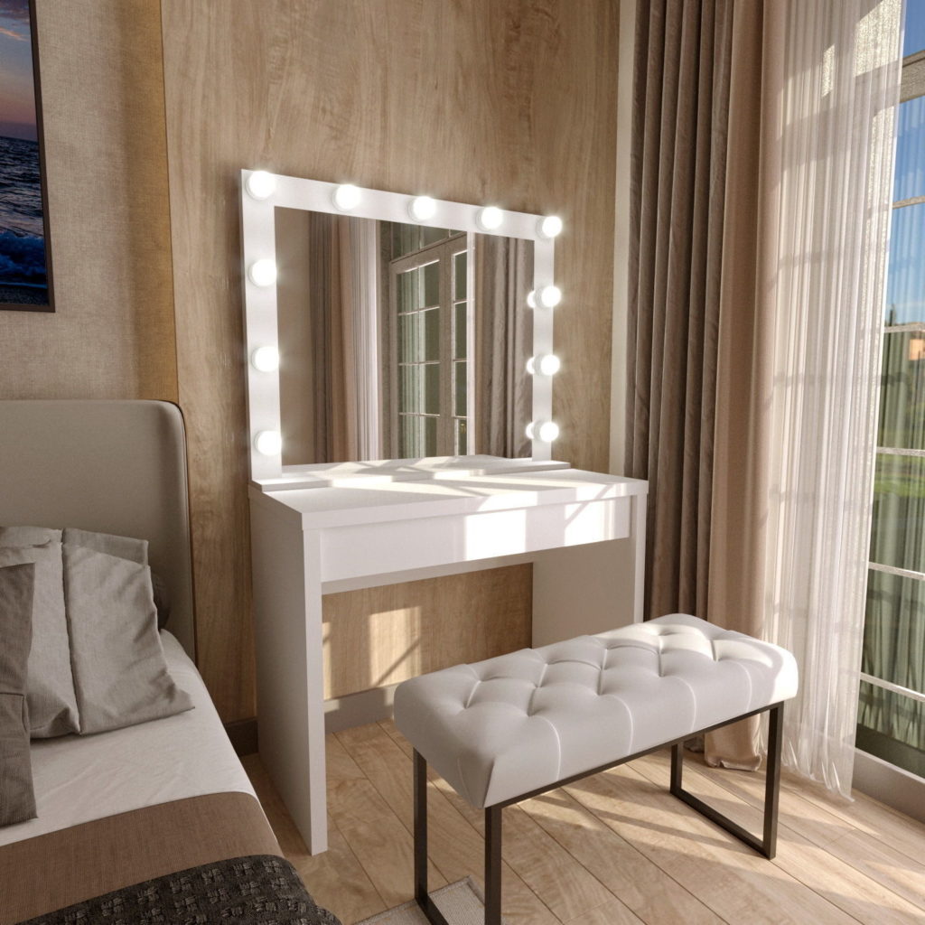 A vanity table with a lit mirror in a cozy room.
