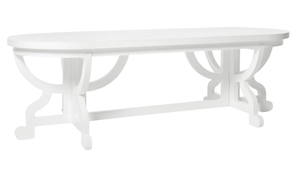 White ornate wooden bench table.