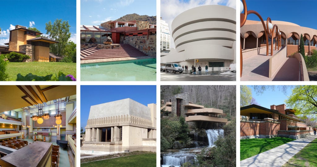 Collage of Eight Architectural Sites by Frank Lloyd Wright.