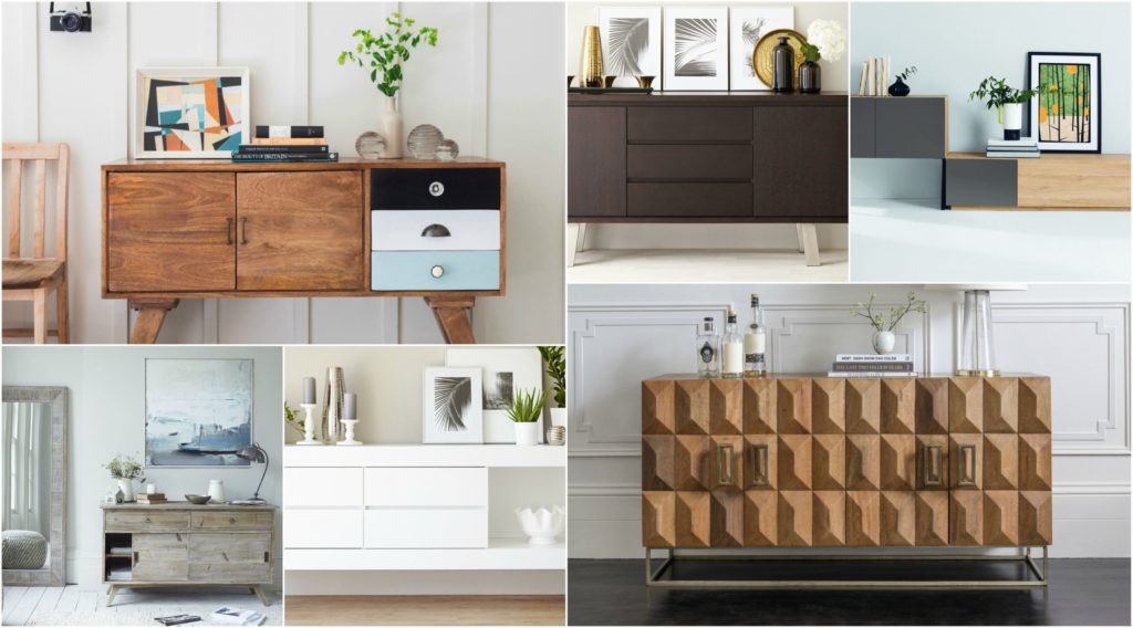 A collage of images showing different types of sideboards.