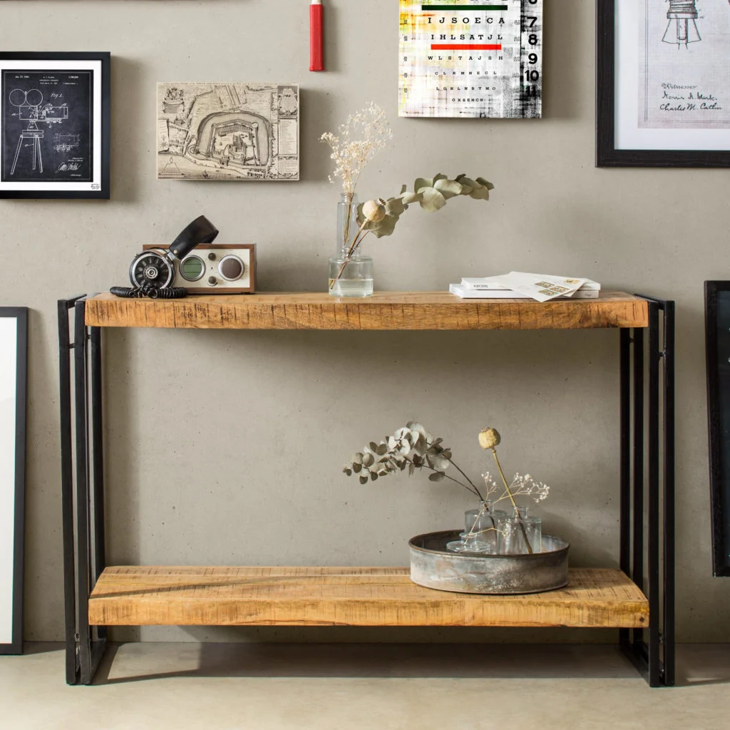 id x A rustic wooden console table.