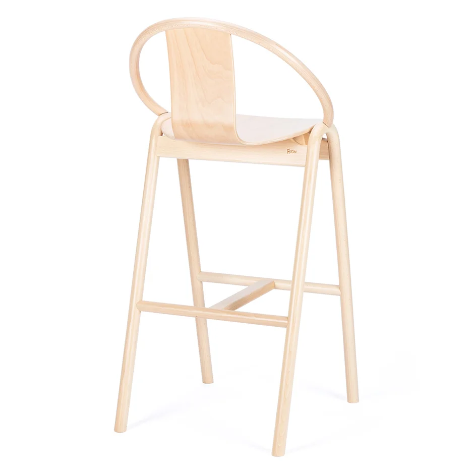 Wooden bar stool with a curved backrest.
