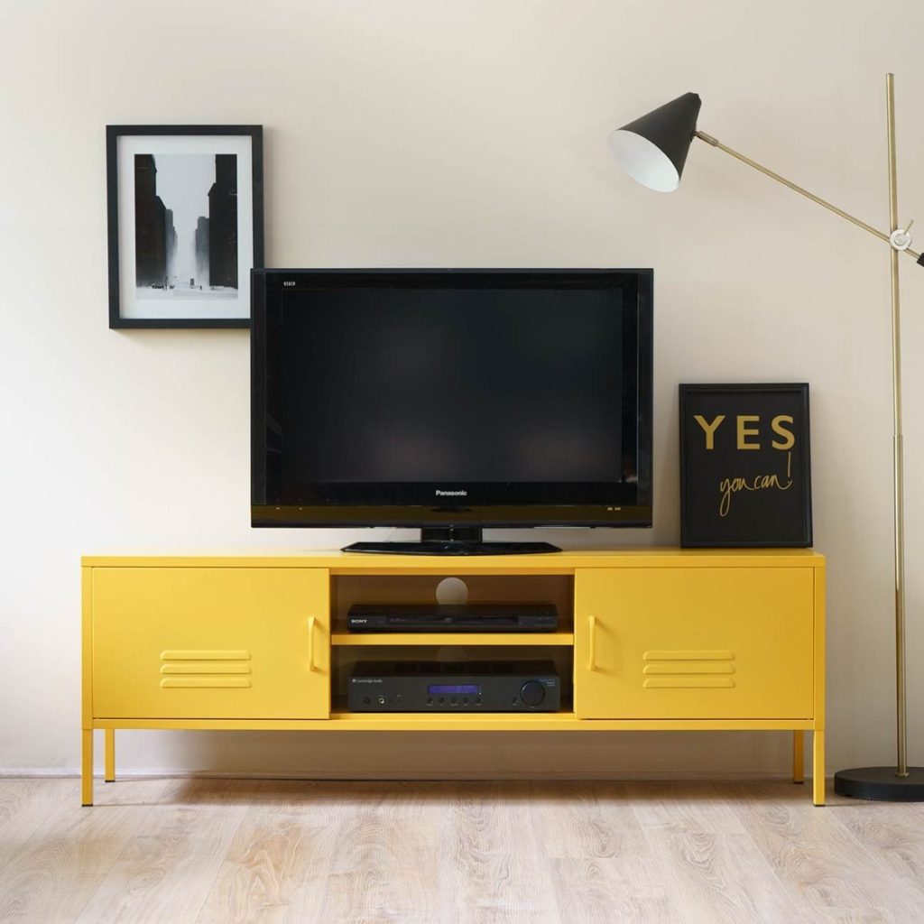 Bright yellow retro-style TV cabinets.